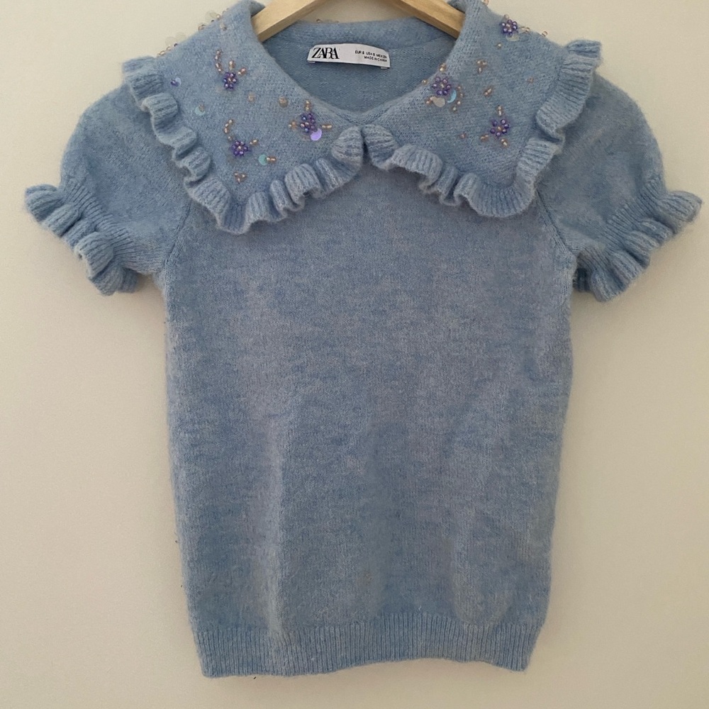 Zara Light Blue Ruffled Collar Short Sleeve Sweater